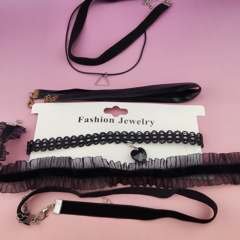 Lot of 5 Black Choker Necklaces Velvet Lace Ruffle Heart Triangle Gothic Jewelry